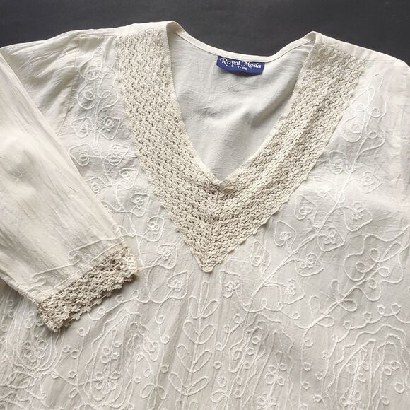 Royal Moda Tunic L 40 Embroidered Floral 3/4 Sleeve Boho Western Peasant Cream - Picture 2 of 10